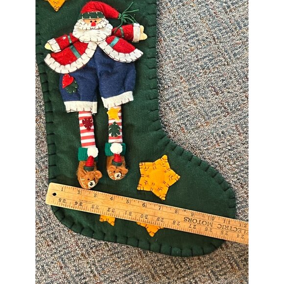 3D Christmas Santa Elf Stocking With Stars & Bear Shoes Green Felt Lined 18" L - Picture 6 of 9